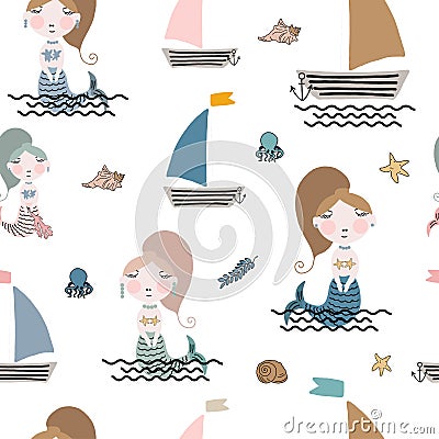 Seamless pattern illustration colorful mermaid, yacht, wave and seashells on the white background Vector Illustration